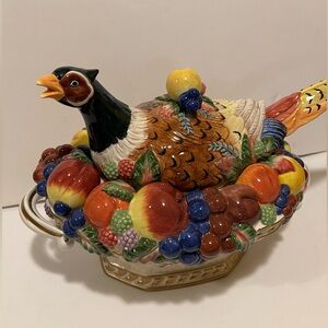 NWOT FITZ & FLOYD VENEZIA AUTUMN BOUNTY PHEASANT TUREEN & LADLE.